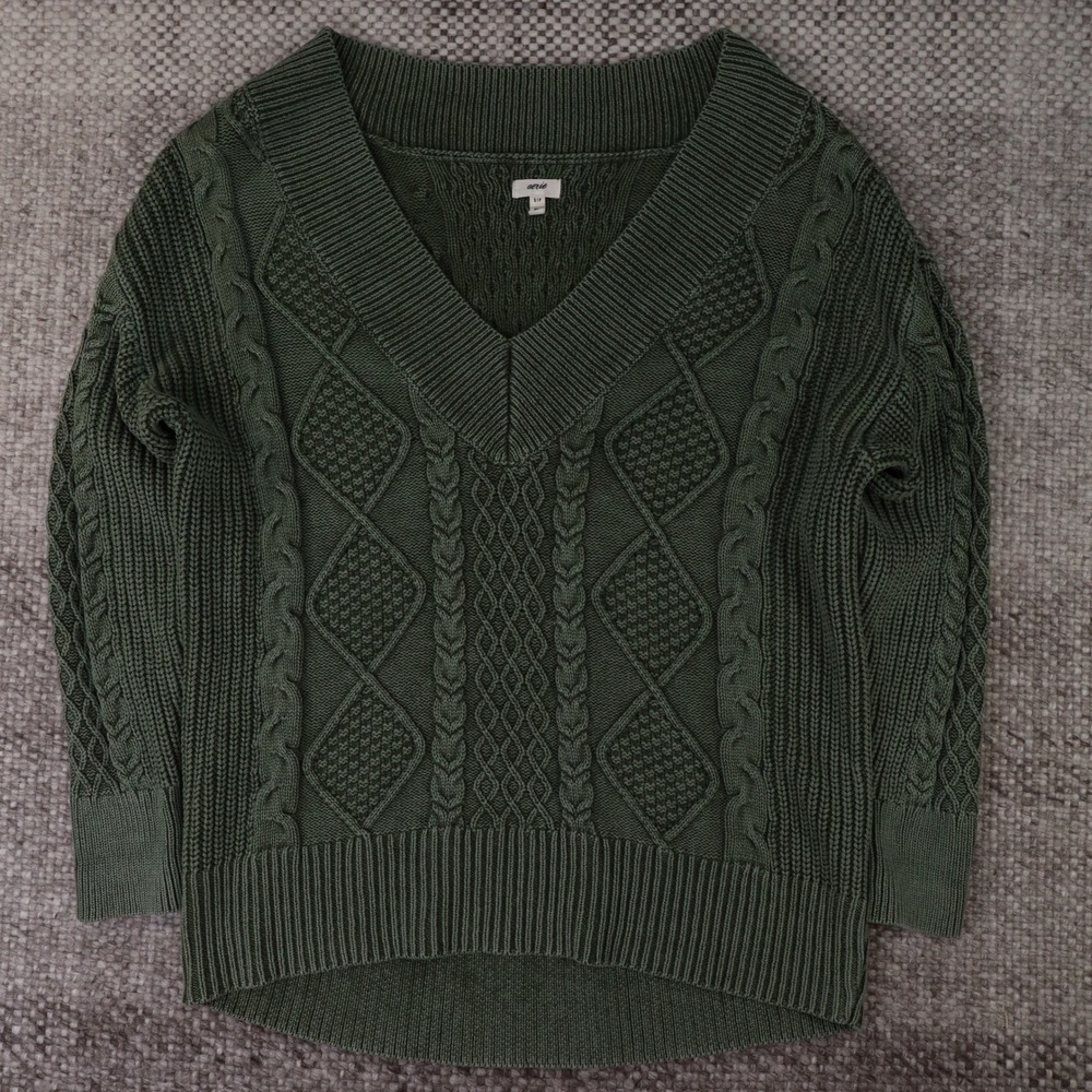 Aerie Womens Olive Green Cable Knit V-Neck Pullover Sweater Size S P